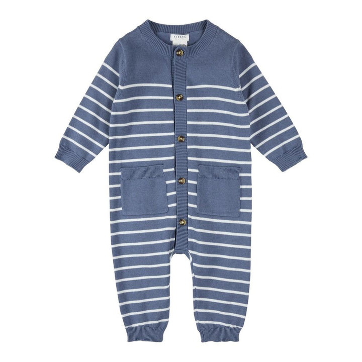 Petit Lem Organic Cotton Knitted Playsuit in Striped Denim Blue 3-6 Months