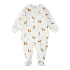 Petit Lem Organic Cotton Footed Sleeper in Corgi Prints on Off-White Newborn