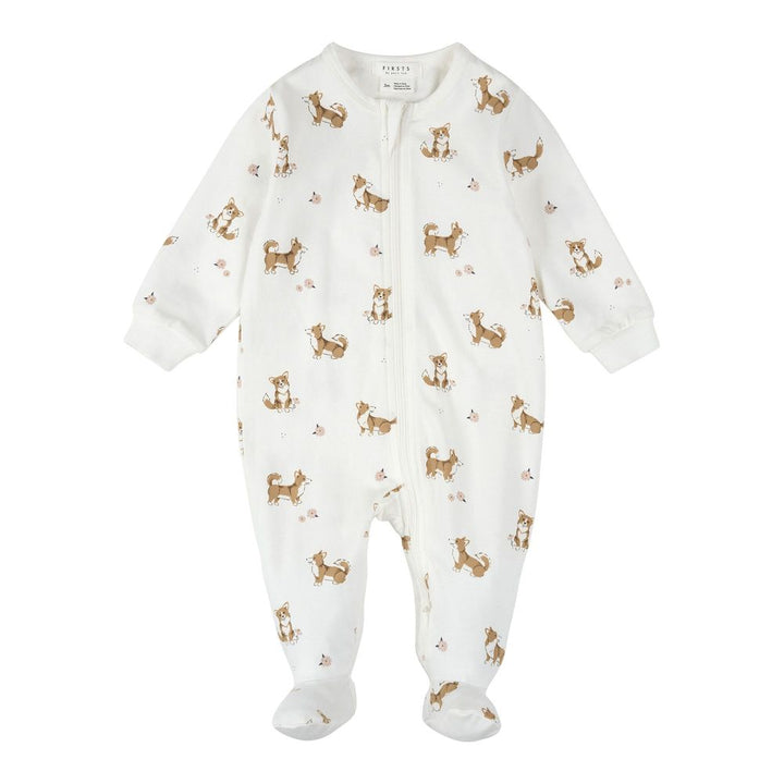 Petit Lem Organic Cotton Footed Sleeper in Corgi Prints on Off-White 12 Months