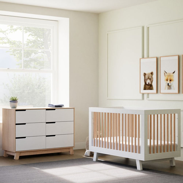 Babyletto Hudson 3-in-1 Convertible Crib & Double Dresser Nursery Furniture Set - Washed Natural/Washed Natural & White
