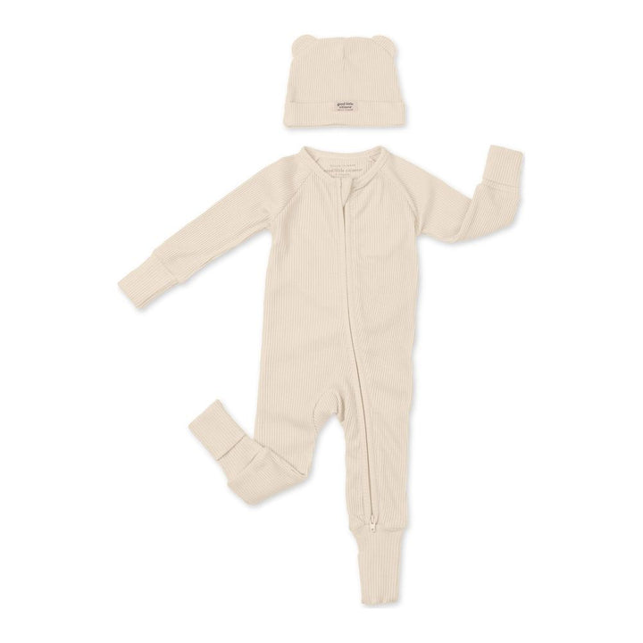Good Little Citizens Rib Zip Fit Footie Sleeper & Beanie Set Linen 3-6 Months