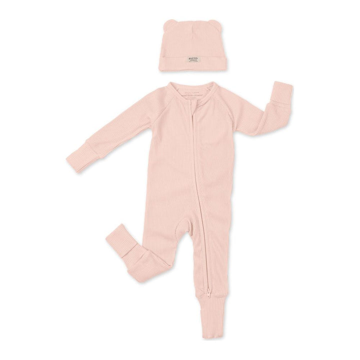 Good Little Citizens Rib Zip Fit Footie Sleeper & Beanie Set Blush 3-6 Months