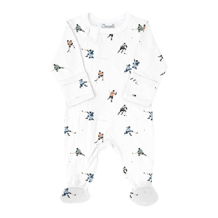 Coccoli Cotton-Modal Zippered Footie Sleeper - Hockey Players on Cream Newborn (6-7 lbs)