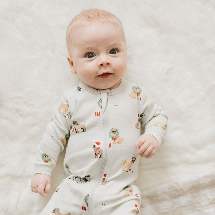 Petit Lem Organic Cotton Footed Sleeper in Holiday Pugs Prints on Light Grey