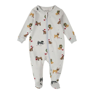 Petit Lem Organic Cotton Footed Sleeper in Holiday Pugs Prints on Light Grey Newborn