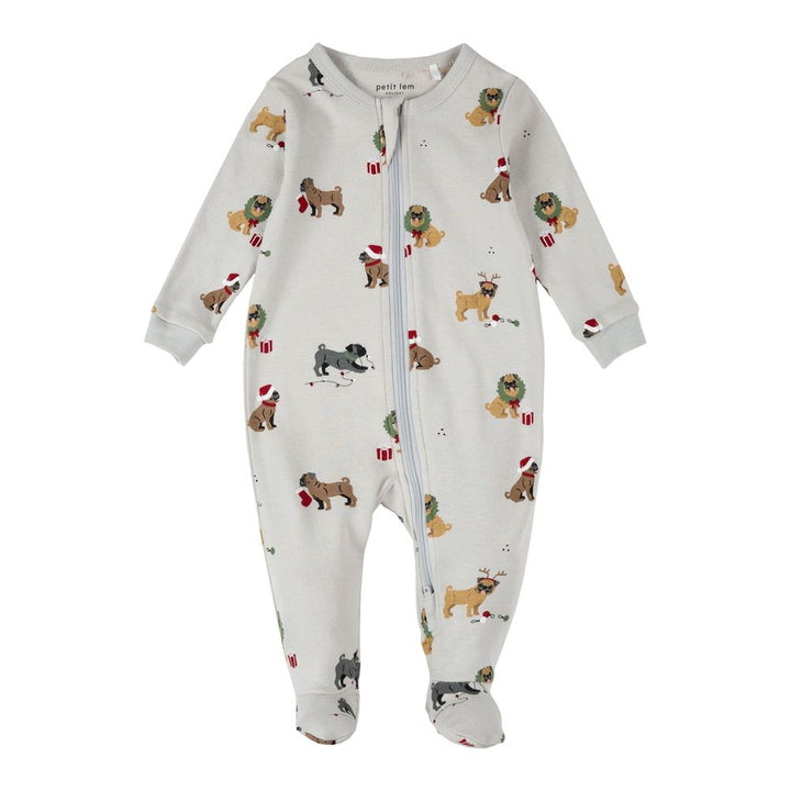 Petit Lem Organic Cotton Footed Sleeper in Holiday Pugs Prints on Light Grey 6 Months