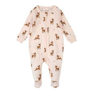 Petit Lem Organic Cotton Footed Sleeper in Reindeer Prints on Soft Pink Newborn
