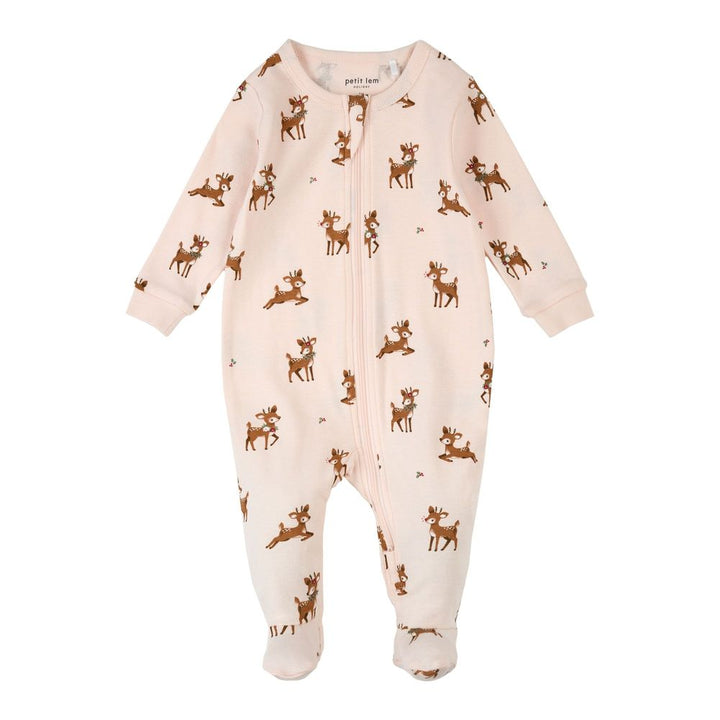 Petit Lem Organic Cotton Footed Sleeper in Reindeer Prints on Soft Pink 6 Months