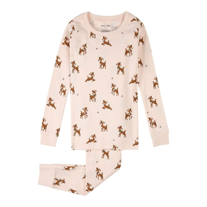 Petit Lem 2-Piece Organic Cotton Ribbed Pajama Set in Reindeer Prints on Soft Pink 18 Months