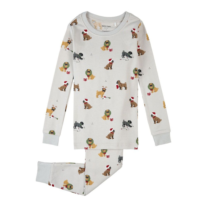 Petit Lem 2-Piece Organic Cotton Ribbed Pajama Set in Holiday Pugs Prints on Light Grey 3 Years