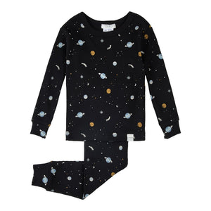 Petit Lem 2-Piece Organic Cotton Ribbed Pajama Set in Galaxy on Black 18 Months