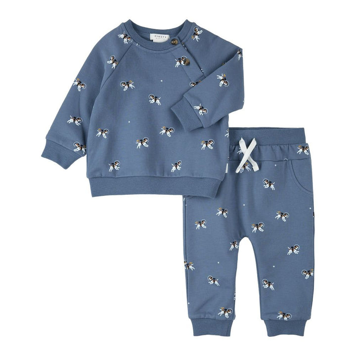 Petit Lem 2-Piece Organic Cotton Ribbed Pajama Set in Space Dog on Blue 12 Months